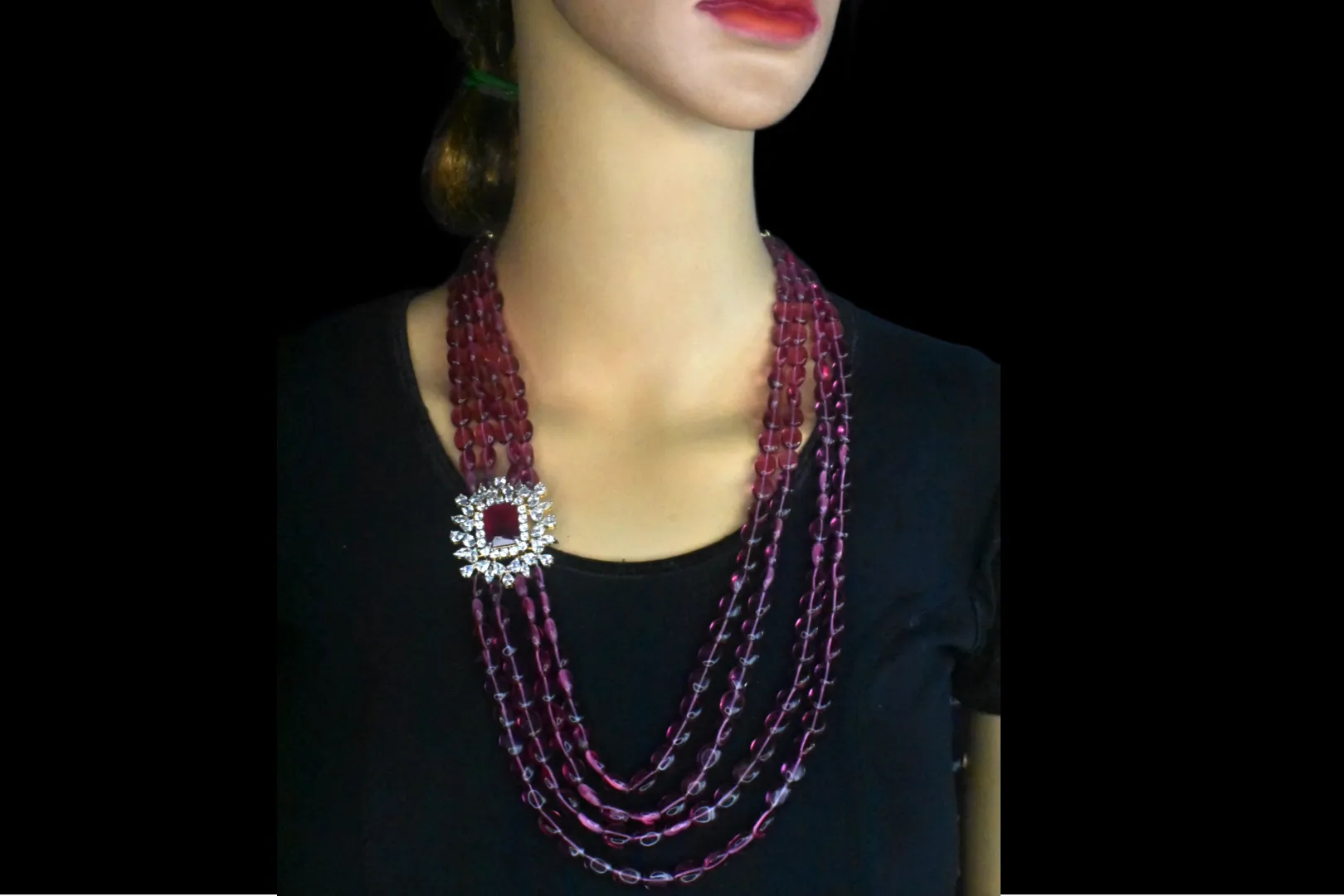 Ruby Beads Necklace With American Diamonds Side Pendant By Asp Fashion Jewellery