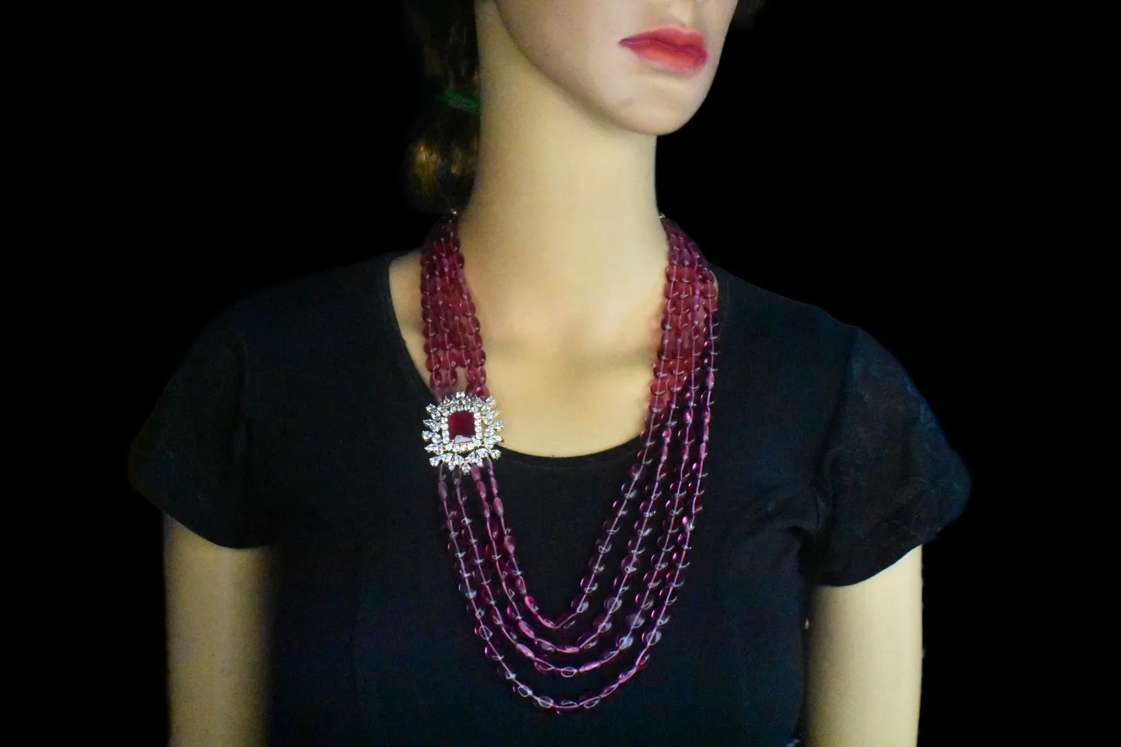 Ruby Beads Necklace With American Diamonds Side Pendant By Asp Fashion Jewellery