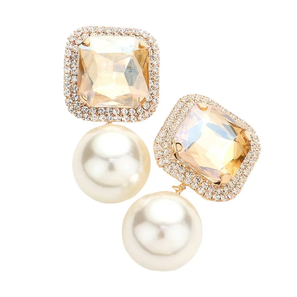 Square Stone Pearl Link Dangle Evening Clip on Earrings