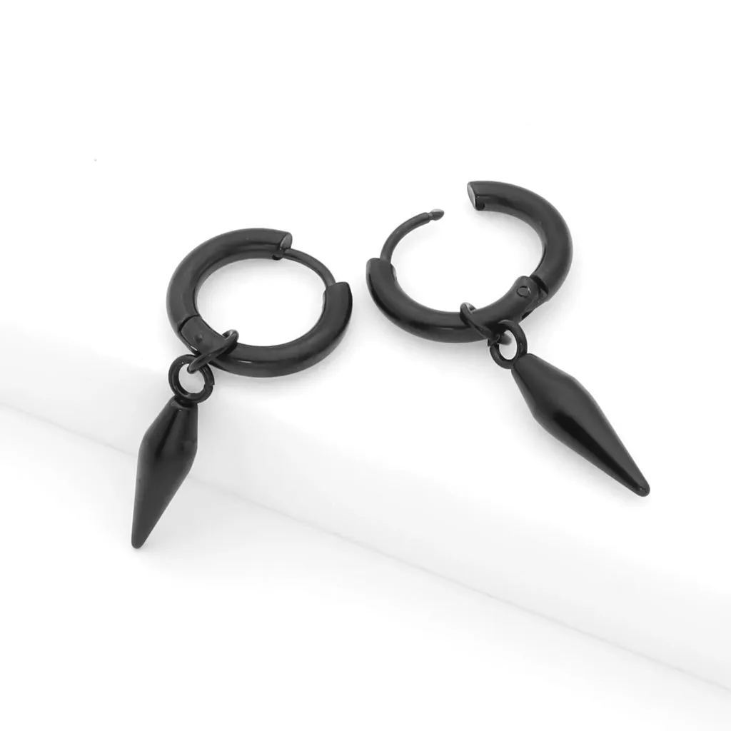 Stainless Steel Drop Spike Cone Huggie Hoop Earrings - Black