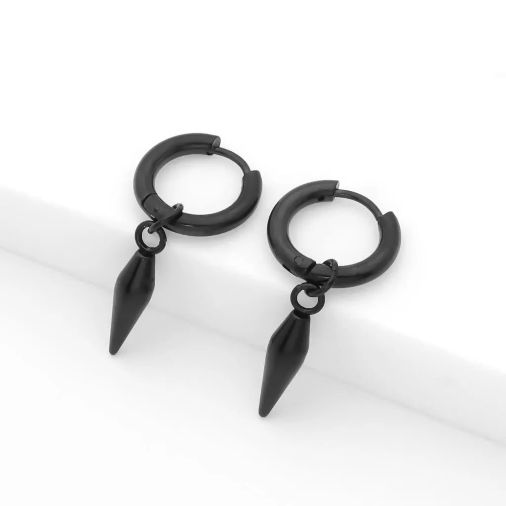 Stainless Steel Drop Spike Cone Huggie Hoop Earrings - Black