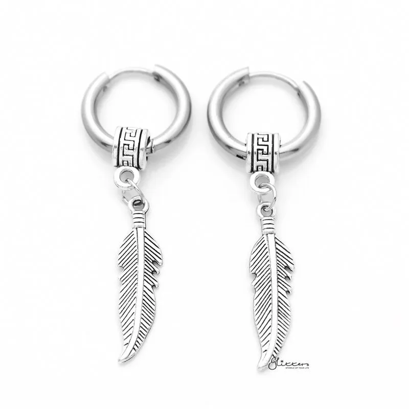 Stainless Steel Huggie Hoop Earrings with Drop Feather