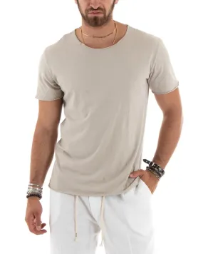 T-shirt Uomo Girocollo Maniche Corte Taglio Vivo Tinta Unita Beige Basic GIOSAL-TS2965A