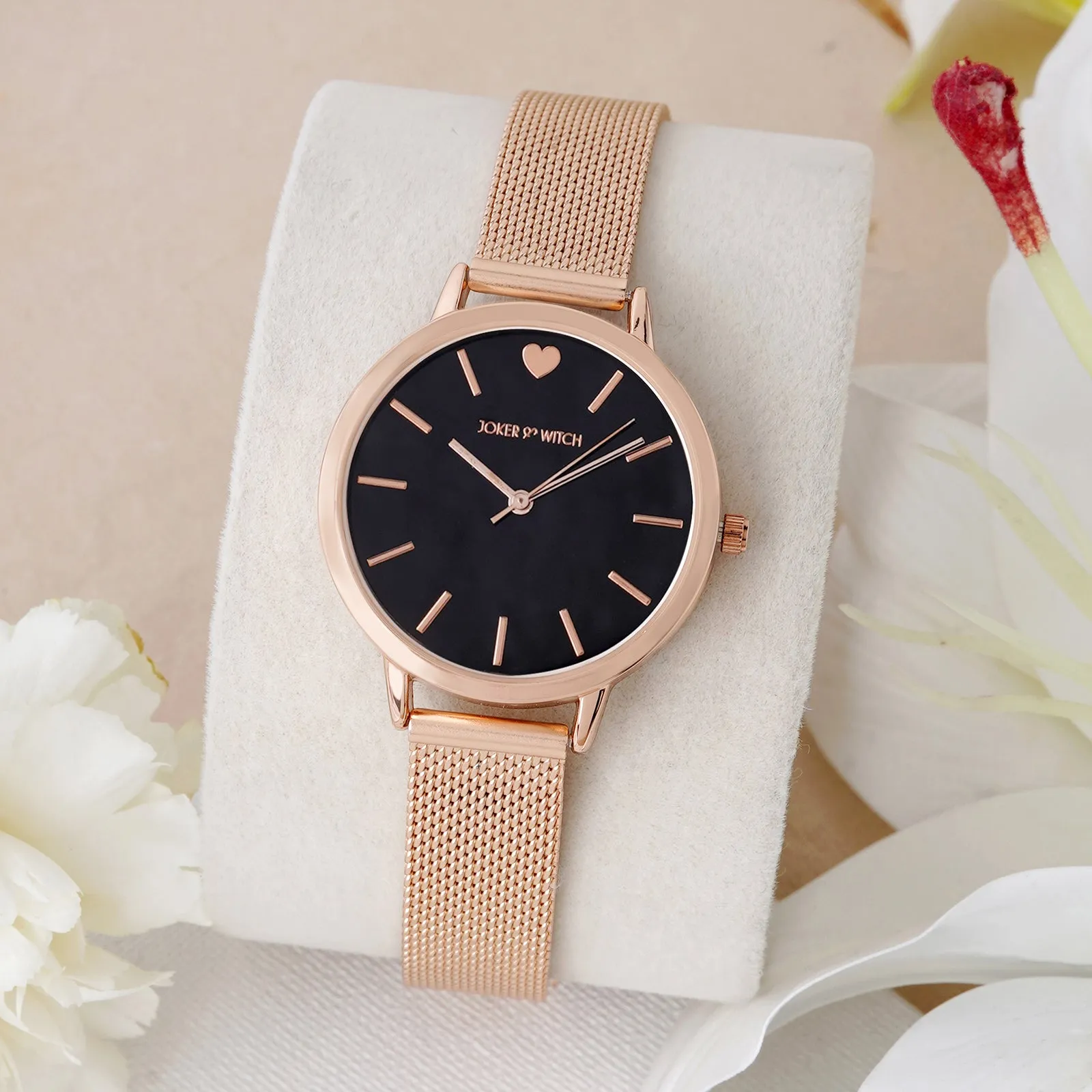 Twelve O'Heart Black Dial Rosegold Mesh Strap Watch