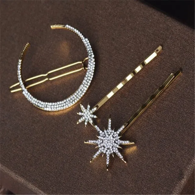 Unique Design Star & Moon Rhinestone Hair Clip