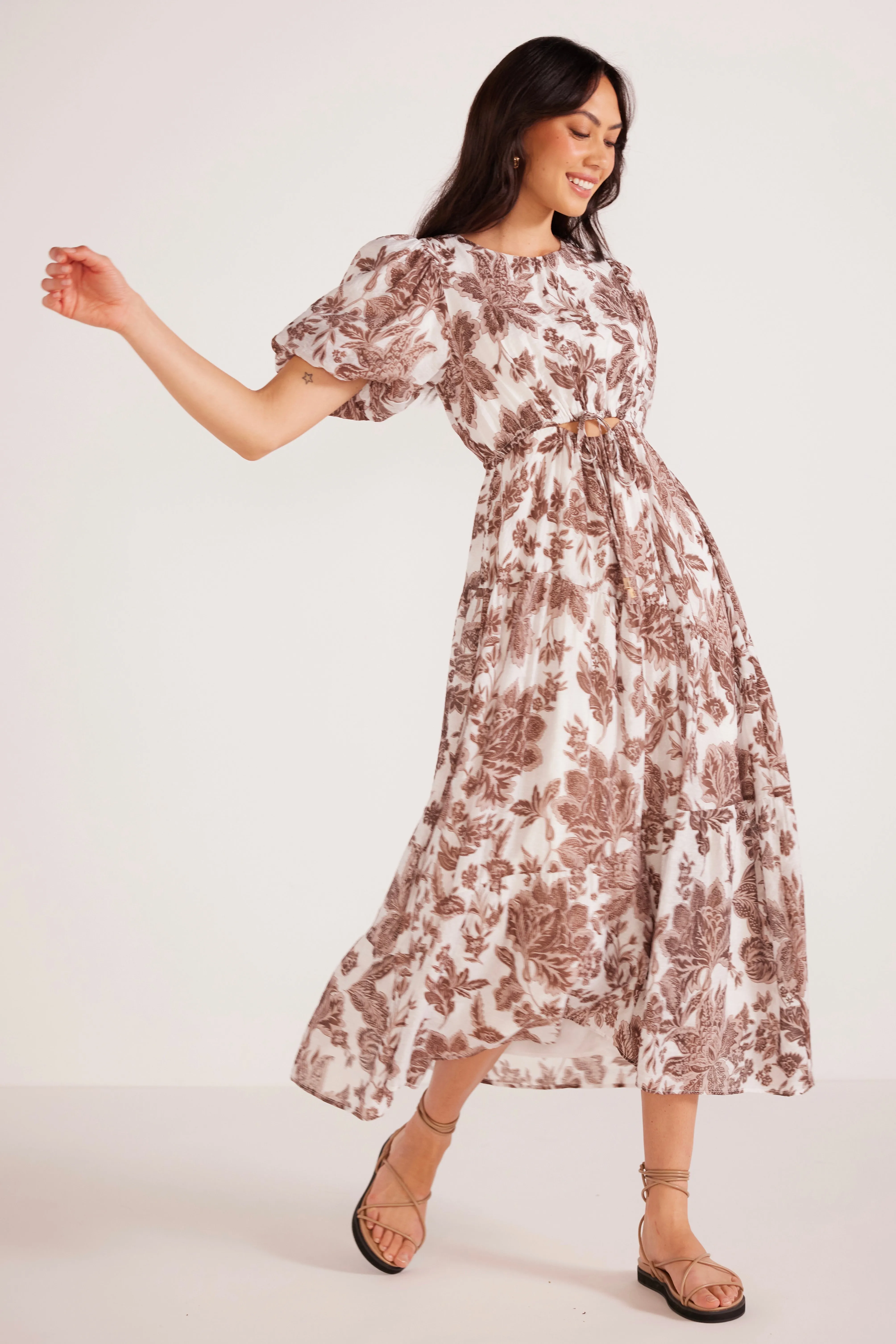 Vivian Brown Floral Puff Sleeve Midi Dress