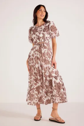 Vivian Brown Floral Puff Sleeve Midi Dress