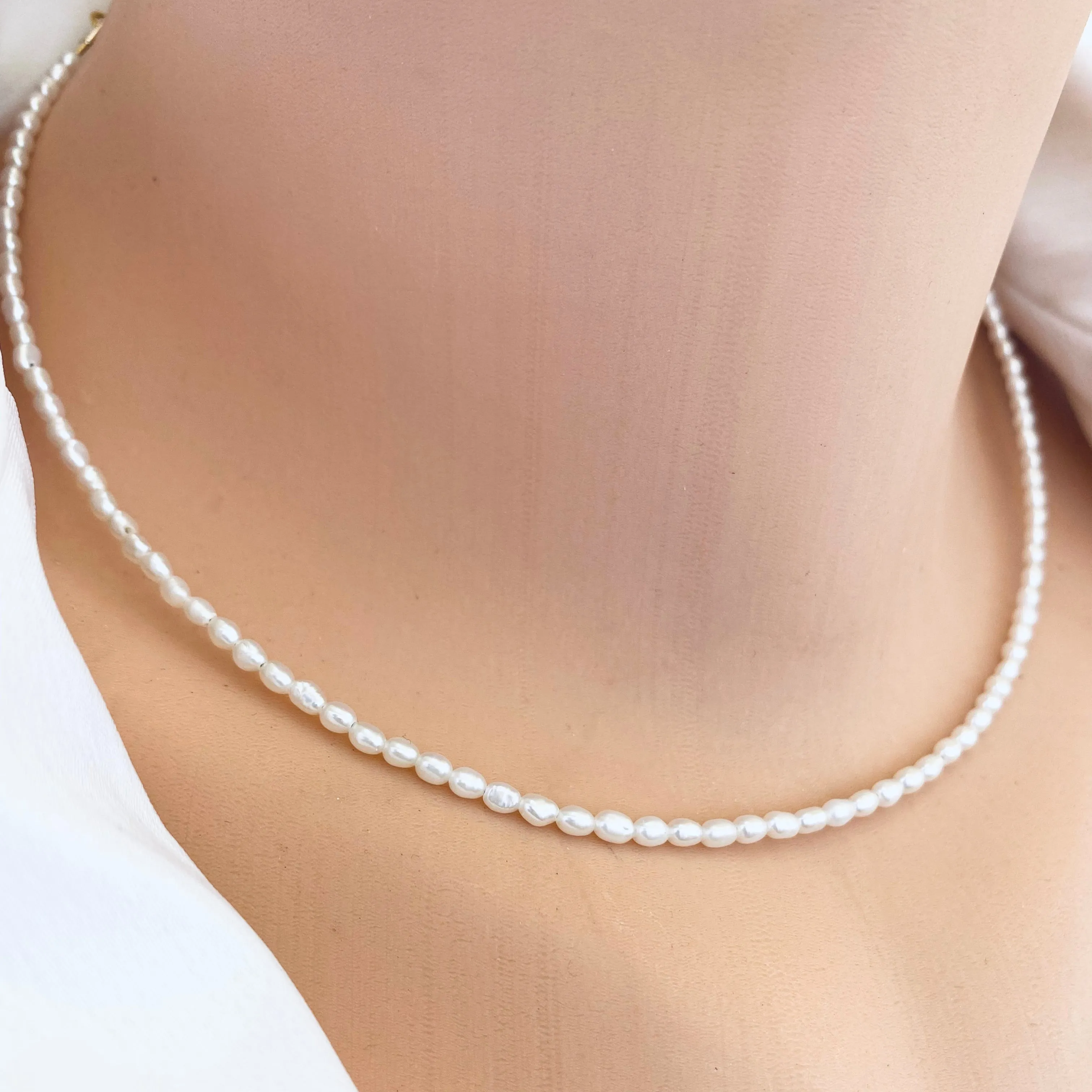 White Mini Rice pearl Necklace with Sea Shell Charm, Gold Filled, 16inches Dainty Pearl Necklace