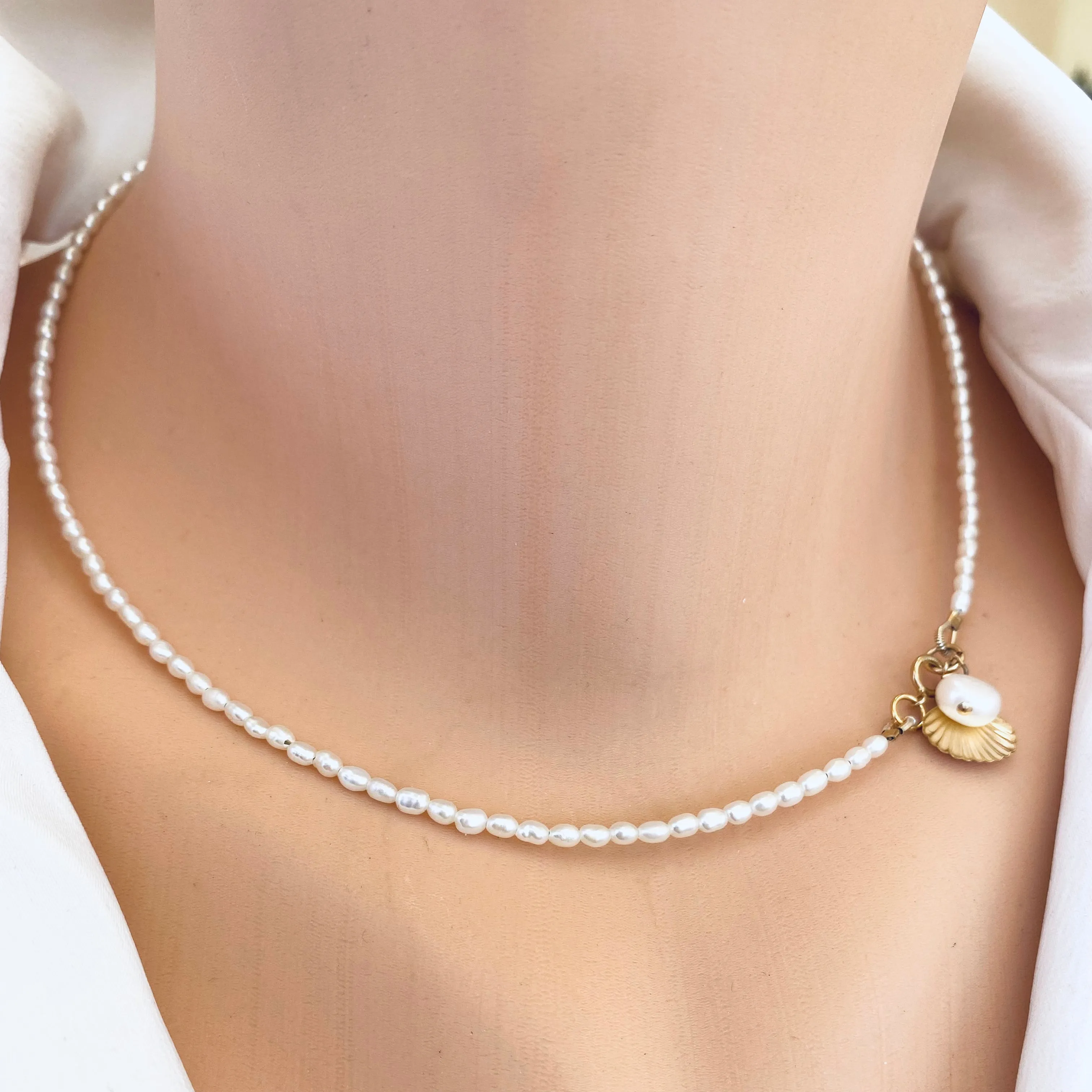 White Mini Rice pearl Necklace with Sea Shell Charm, Gold Filled, 16inches Dainty Pearl Necklace