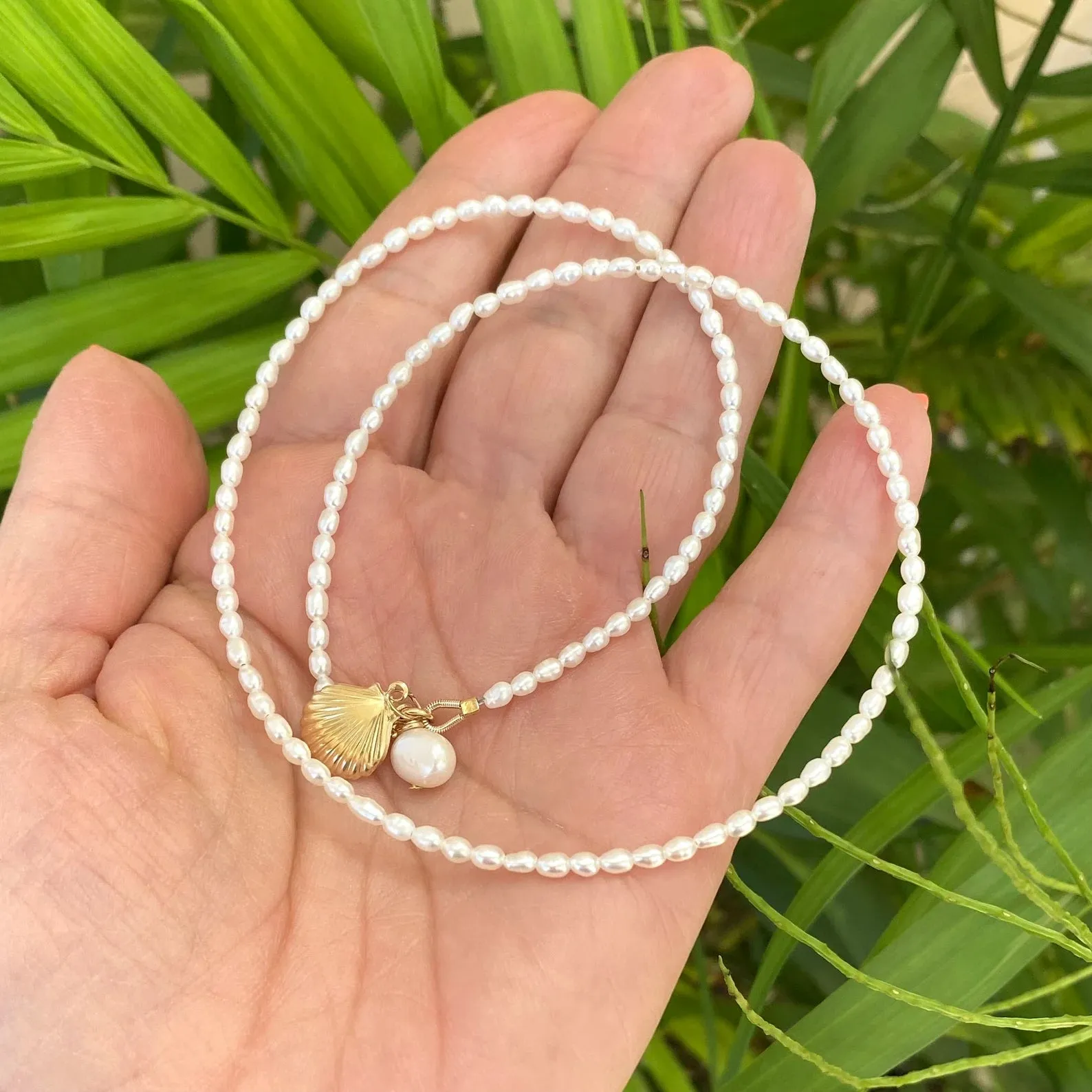 White Mini Rice pearl Necklace with Sea Shell Charm, Gold Filled, 16inches Dainty Pearl Necklace